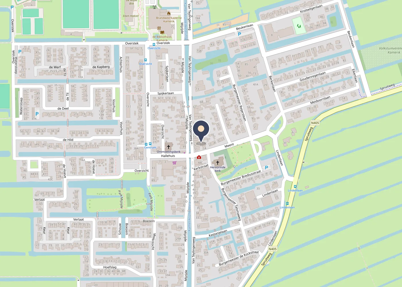 Kaart met de locatie van Tandartspraktijk Kamerik, Meent 1-H, 3471 EA Kamerik